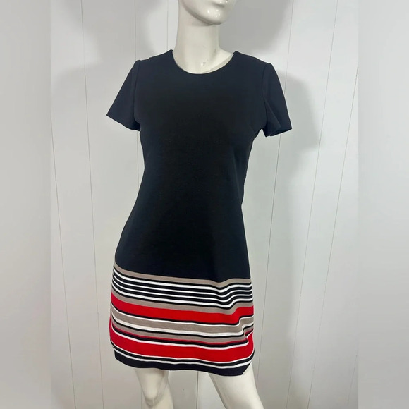 Calvin Klein Dress Shift Black Red Striped Short Sleeve Round Neck Sz 6 - Picture 1 of 9